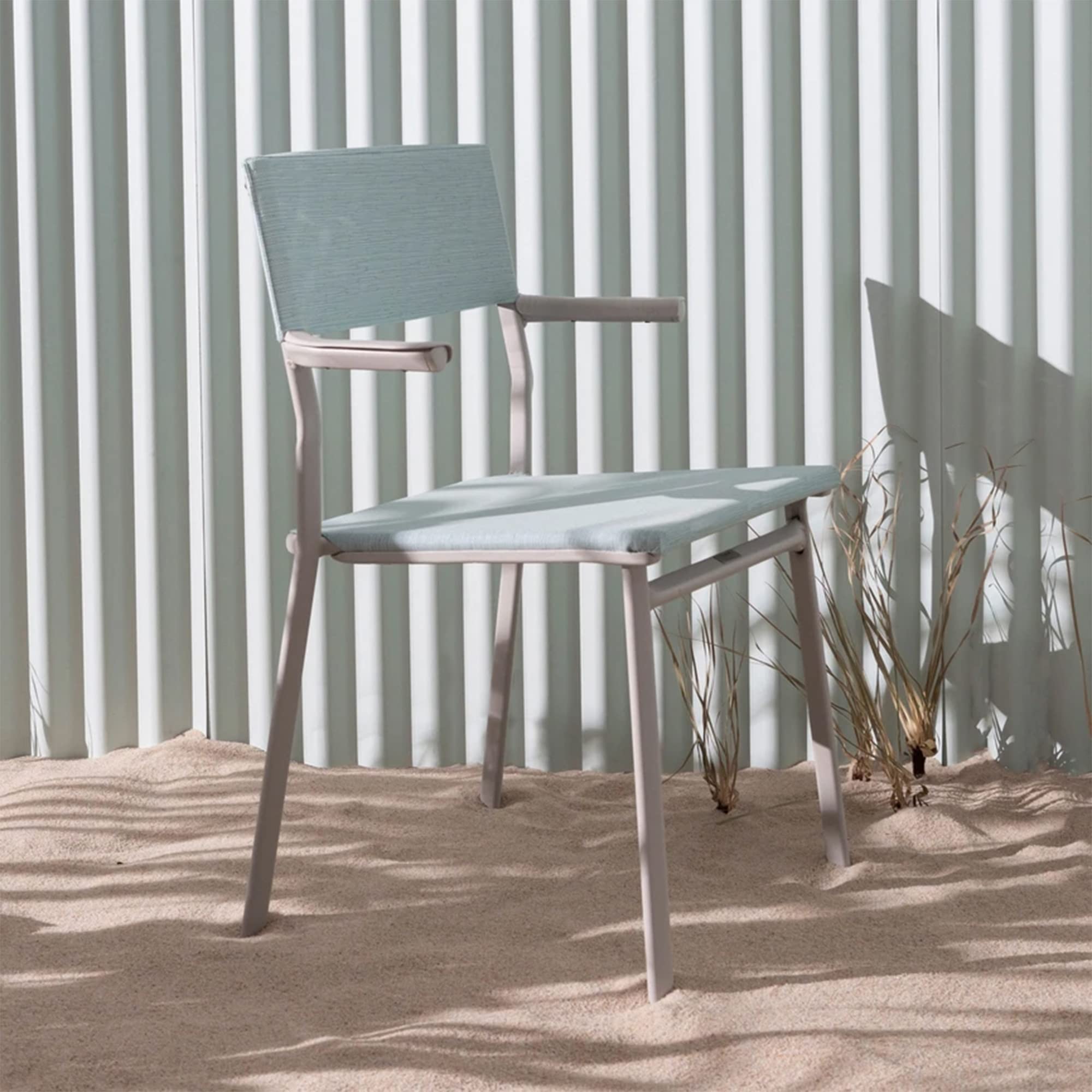 Lafuma ORON Outdoor Dining Armchair Set of 2 - Sand Frame & Mistral Blue - Weather-Resistant Patio Furniture for Garden, Poolside, and Backyard Relaxation