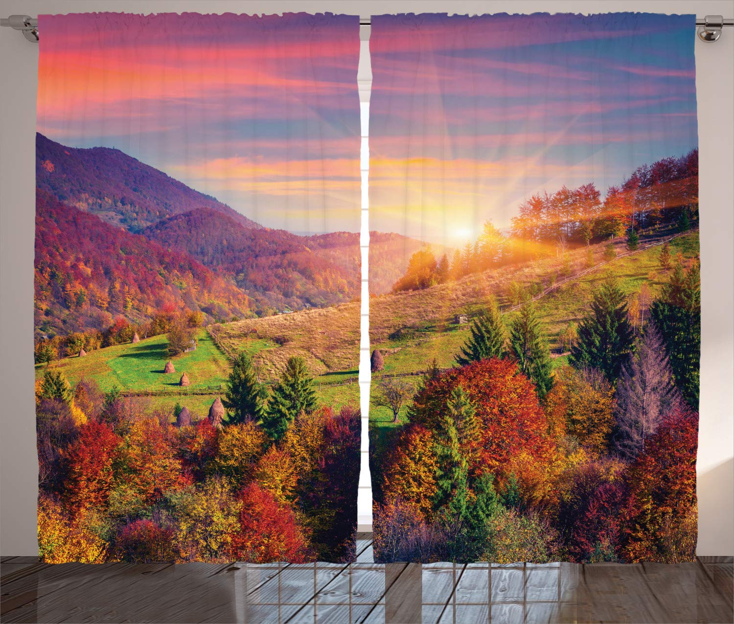 Ambesonne Autumn Nature Curtains - Pastoral Mountain Village Scenery with Fall Trees, Surreal Rural Print Window Drapes for Living Room & Bedroom, 2 Panel Set 108