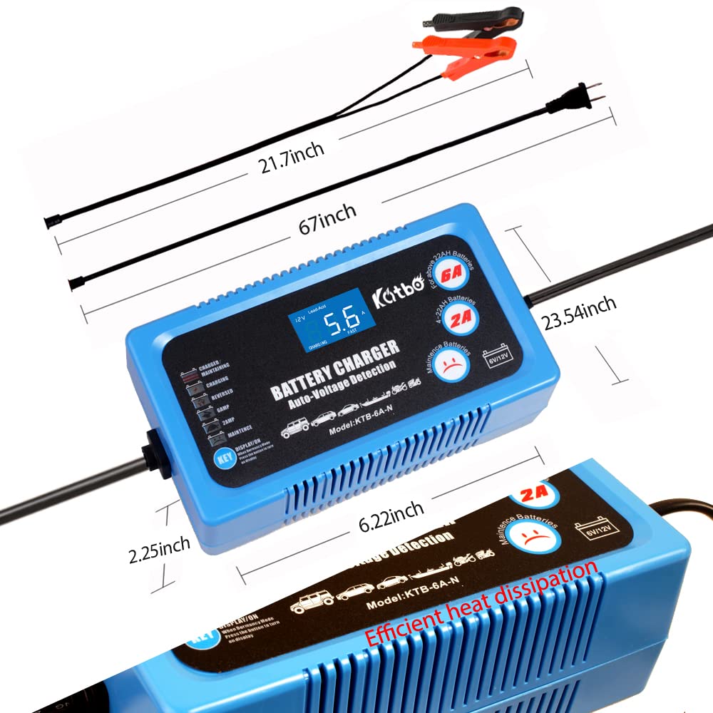 Katbo 12V 6V 6A Smart Battery Charger for Car, AGM, Gel & SLA - LCD Display for Easy Monitoring