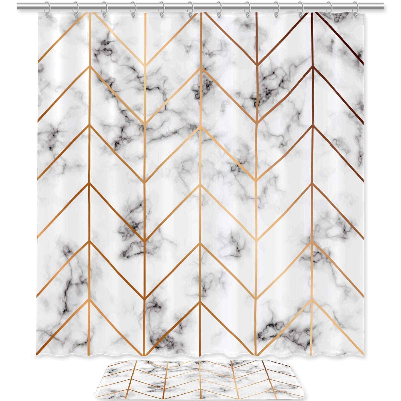DJROW White Marble Spider Web Shower Curtain & Bath Mat Set - Waterproof 72x72 Inch Bathtub Curtain & 23.6x15.7 Inch Floor Mat for Bathroom Decor - Perfect for Modern, Gothic or Halloween Bathroom Themes