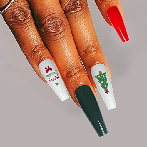 24Pcs Christmas Red Glossy Press on Nails - Extra Long Coffin Fake Nails with Cute Tree & Ballerina Designs | Full Cover Acrylic False Nails Tips for Women & Girls | Perfect for Holiday Parties, Gift Giving & Special Occasions (Style C)