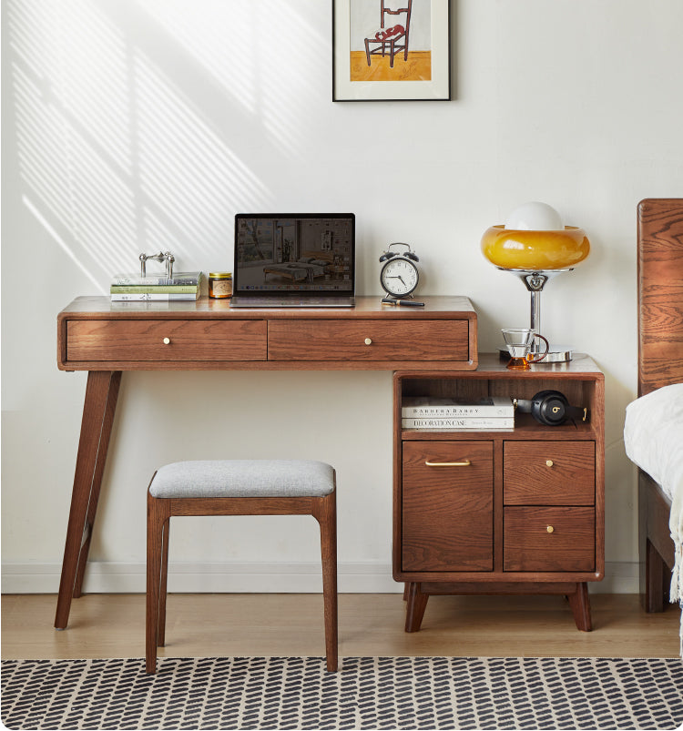 Solid Oak Wood Extendable Dressing Table - Walnut Finish | Elegant Vanity Desk for Bedroom, Makeup Station & Home Decor