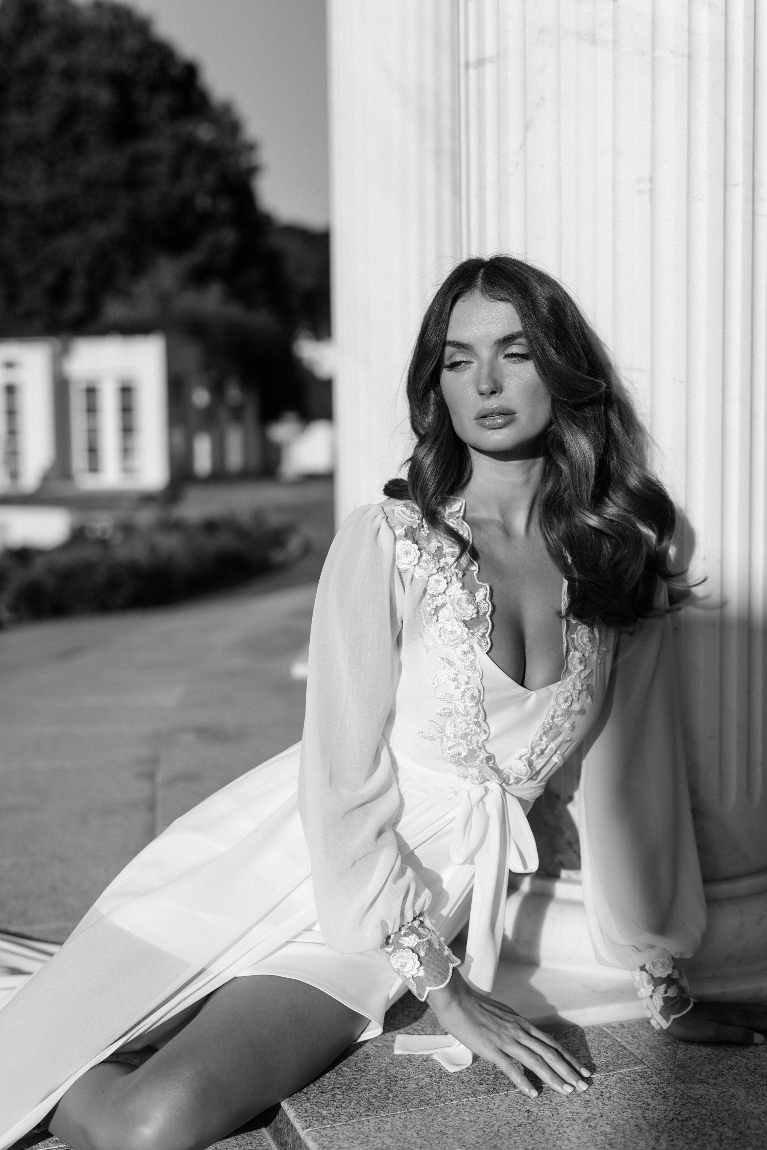 Arianna Beaded Floral Lace Maxi Bridal Robe with Train & Slip - Elegant Wedding Gown for Bridal Shower, Photoshoot & Reception - Perfect for Bride, Bridesmaids & Special Occasions