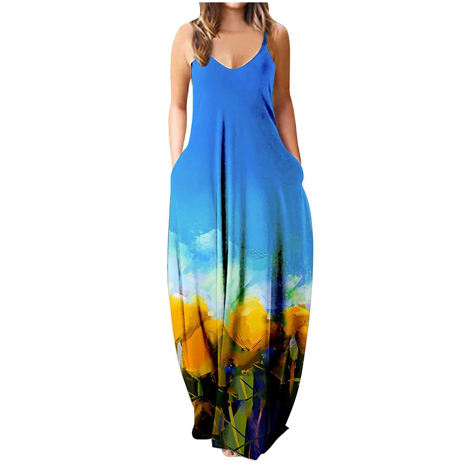 iQKA Women's Maxi Dress - Colorful Long Sleeveless V-Neck Tunic with Pockets | Summer Casual Beach Dress | Perfect for Vacations, Parties & Outdoor Activities