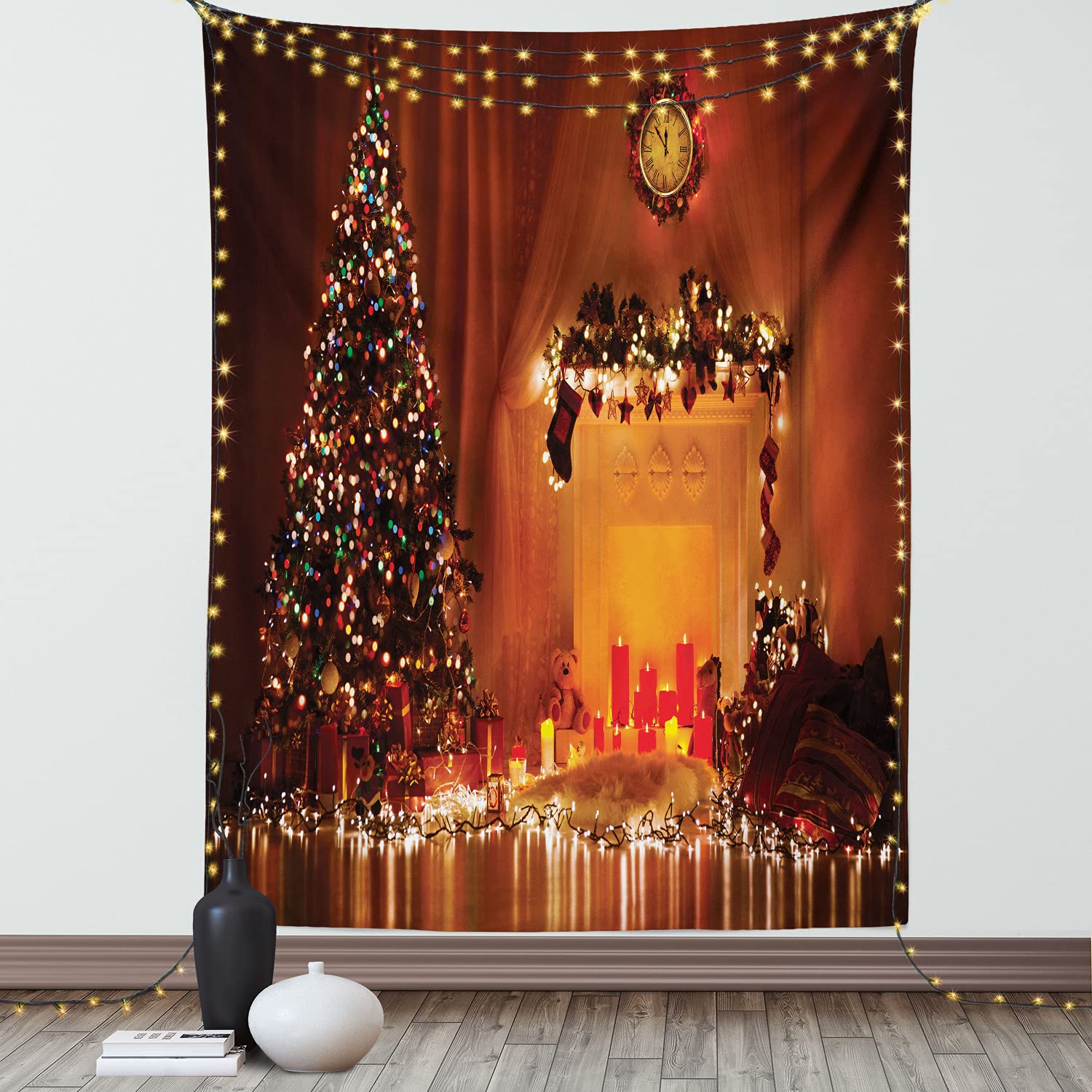 Ambesonne Christmas Tapestry - Romantic Holiday Decor with Candles & Gifts Print - 40x60 Inch Orange Wall Hanging for Bedroom, Living Room, Dorm - Perfect for Xmas Party Decorations & Cozy Winter Home Styling
