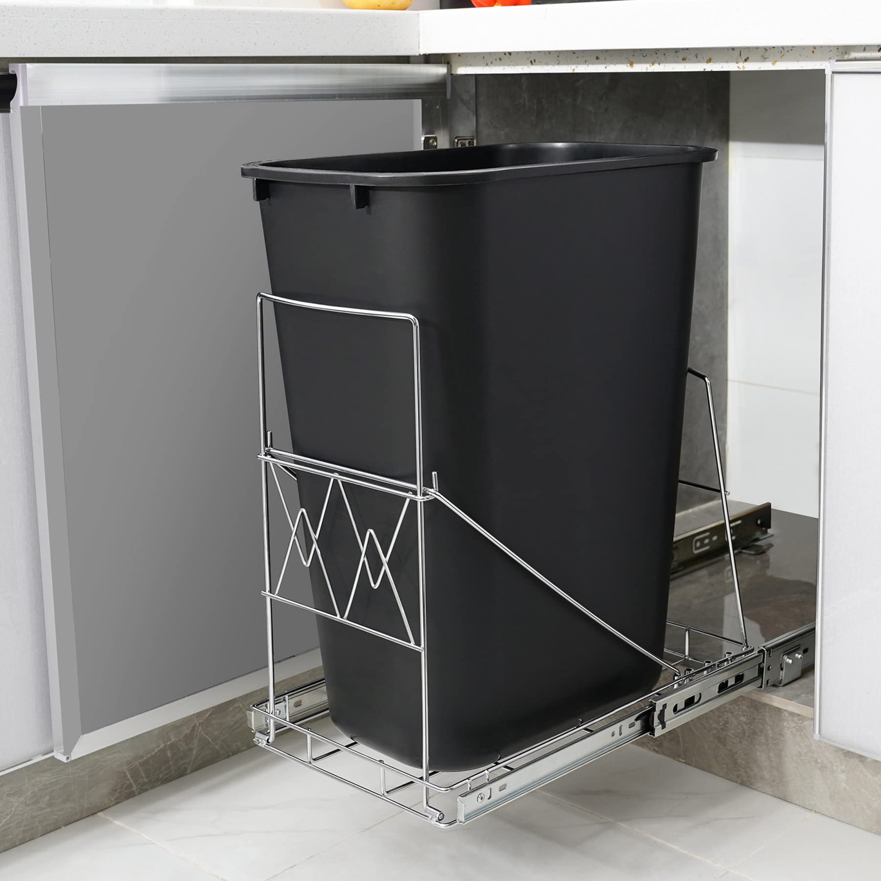 Under Cabinet Pull Out Trash Can - Adjustable Sliding Waste Bin Frame for Kitchen (Trash Can Not Included) - Perfect for Small Spaces & Organized Home Kitchens
