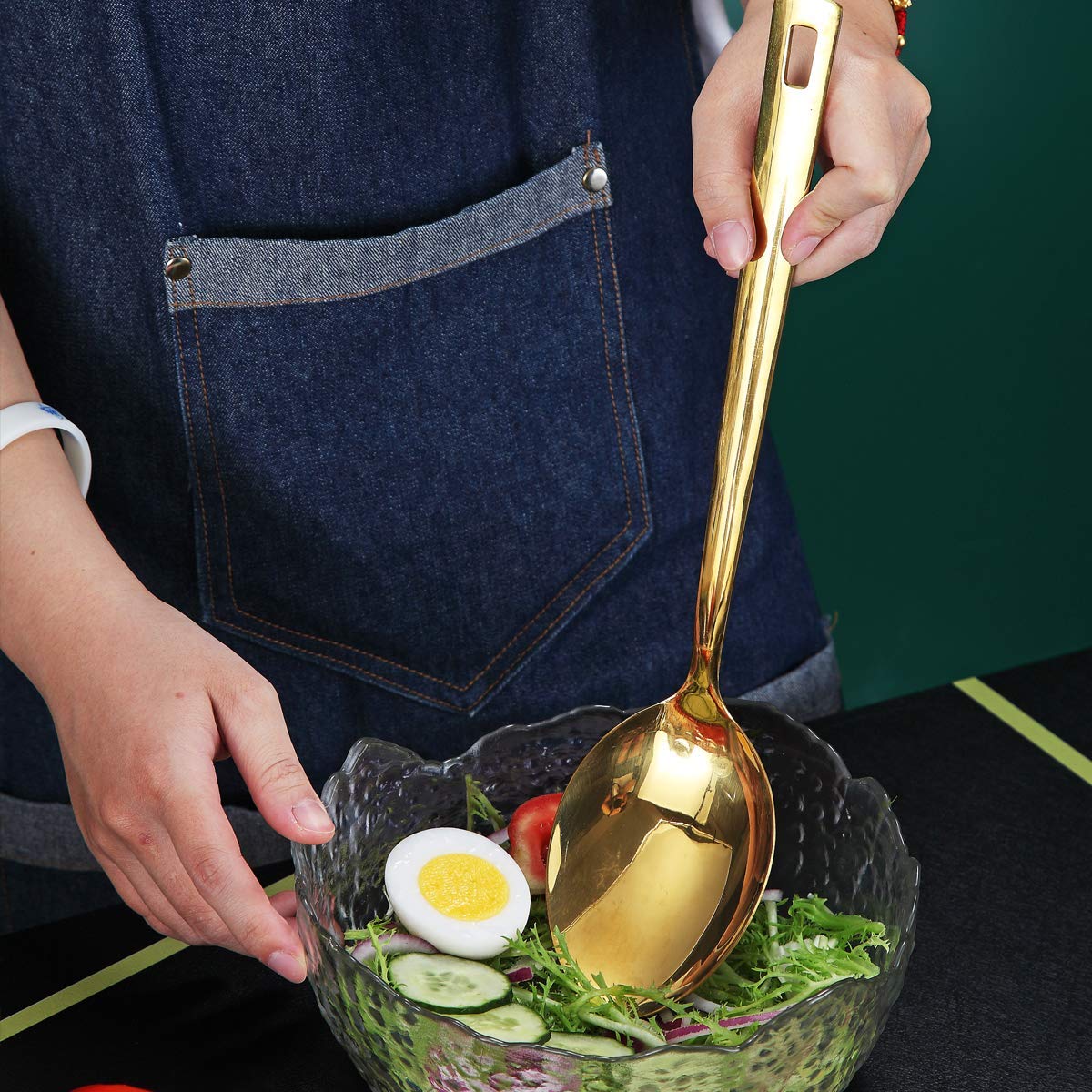 Premium Gold Plated Stainless Steel Cooking Spoon - Berglander Solid Serving Spoon with Titanium Coating, Basting & Kitchen Utensil - Dishwasher Safe & Easy to Clean - Perfect for Cooking, Serving & Gourmet Food Presentation