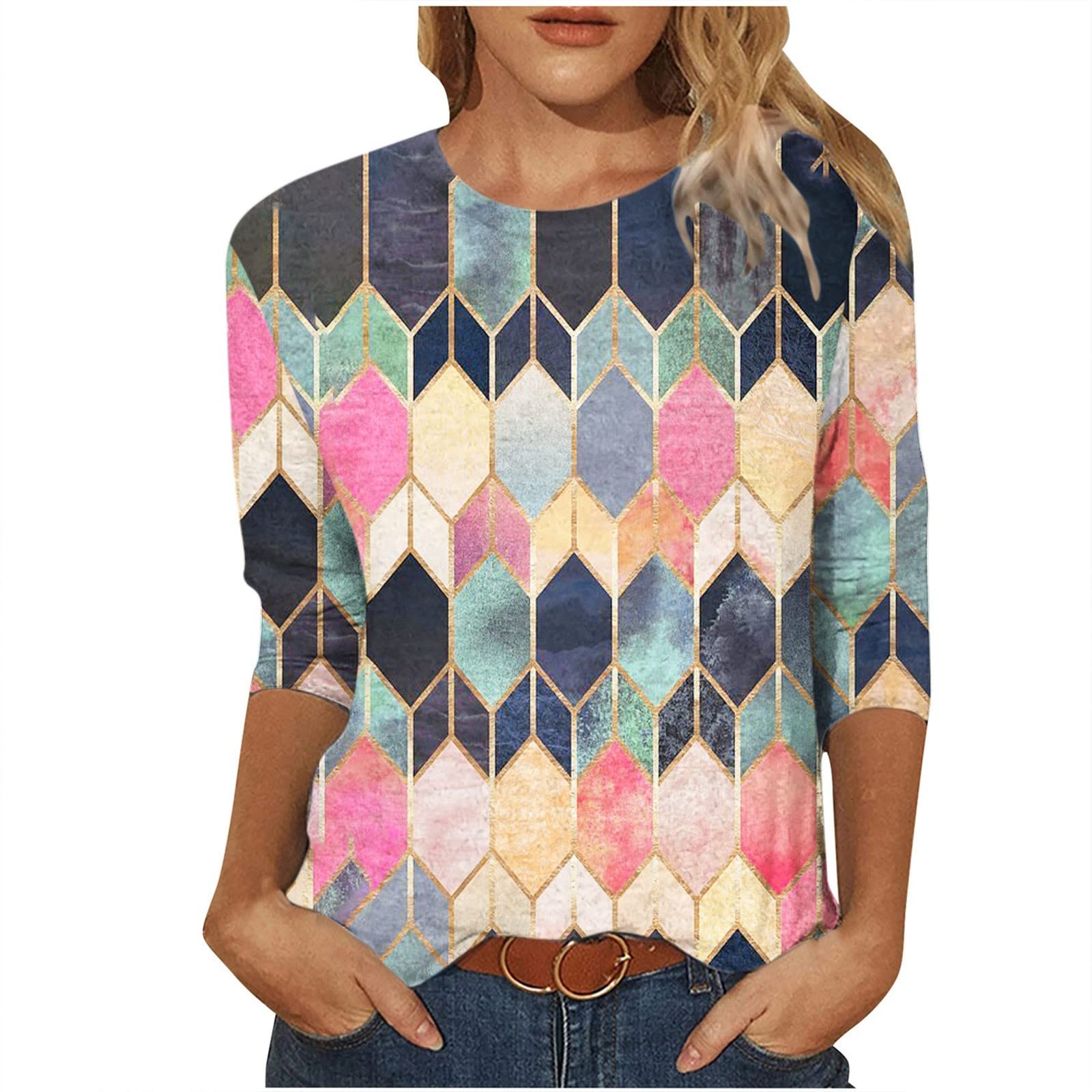 Women's Tie-Dye Tunics - Mid-Length 3/4 Sleeve Graphic Blouses, Casual Loose Crewneck Pullover Tops | Perfect for Boho Fashion, Beach Outings & Everyday Comfort
