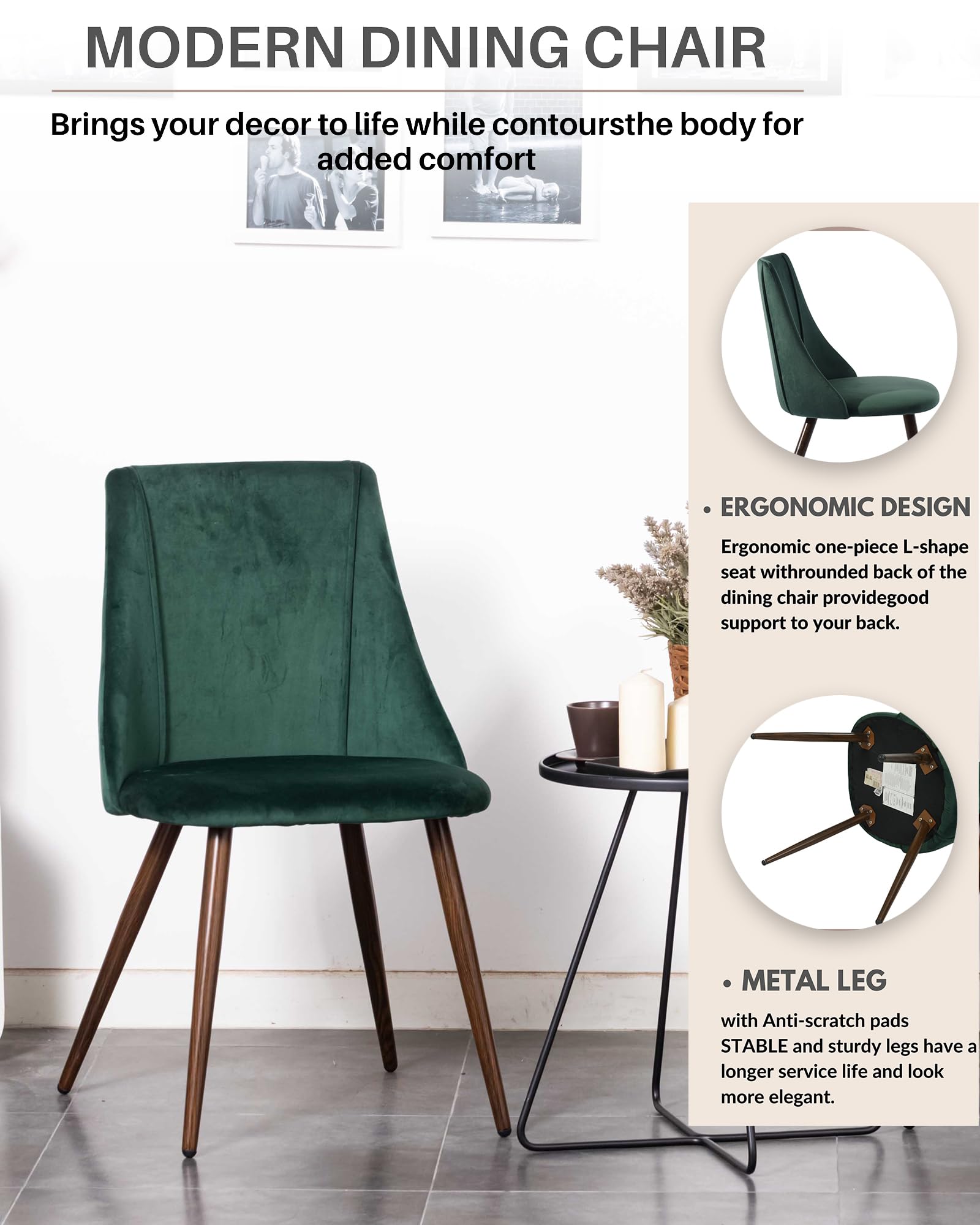 Luxury Velvet Dining Chairs Set of 2 - Modern Upholstered Kitchen Side Chairs with Soft Cushion & Sturdy Metal Legs - Elegant Accent Chairs for Home, Restaurant, or Cafe - Perfect for Dining Room, Kitchen Island, or Breakfast Nook - Green (2-Piece Set)