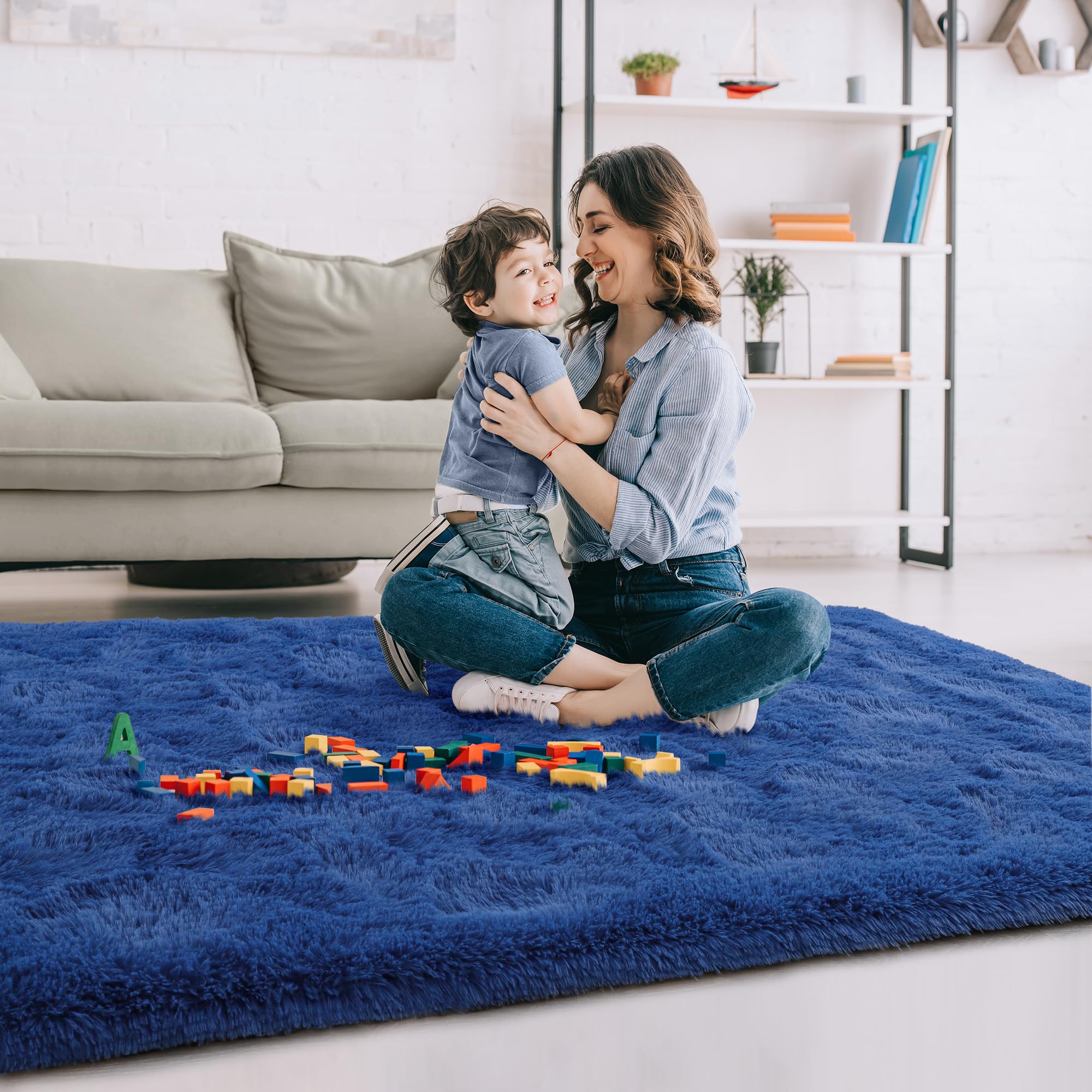 Fluffy Navy Blue 5x8 Shaggy Area Rug - Ultra Soft Plush Living Room Carpet, Large Fuzzy Bedroom Rug, Thick Cozy Dorm Rug, Kids Room Floor Mat - Perfect for Home Decor, Cozy Spaces & Aesthetic Bedrooms