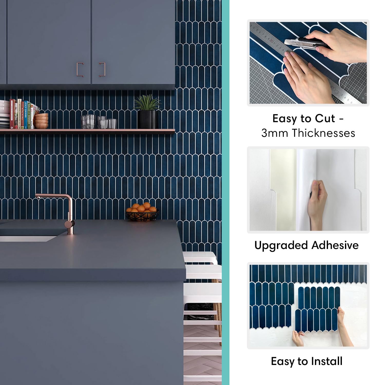 Commomy 3D Navy Blue Peel and Stick Backsplash Tile - 10 Pack (11.8