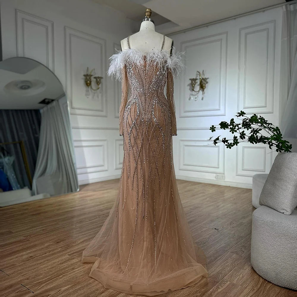 Luxury Dubai Blue Feather Beaded Mermaid Evening Gown for Women - Formal Dresses for Prom, Gala & Special Occasions - Elegant Beaded Sequin Gowns LA72836
