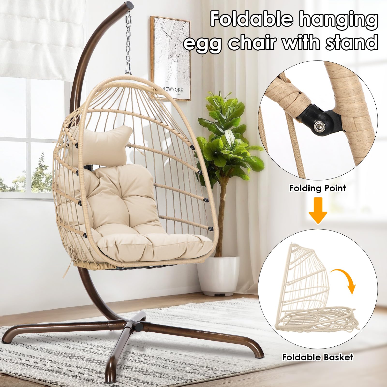 Premium Hanging Egg Chair with Stand - Outdoor Swinging Chair with Water-Resistant Cushions, PE Rattan Wicker Design, Foldable Basket for Patio, Garden, Bedroom & Indoor Use - 350lbs Weight Capacity (Beige) - Perfect for Relaxing, Reading & Lounging in Your Backyard, Balcony or Living Space