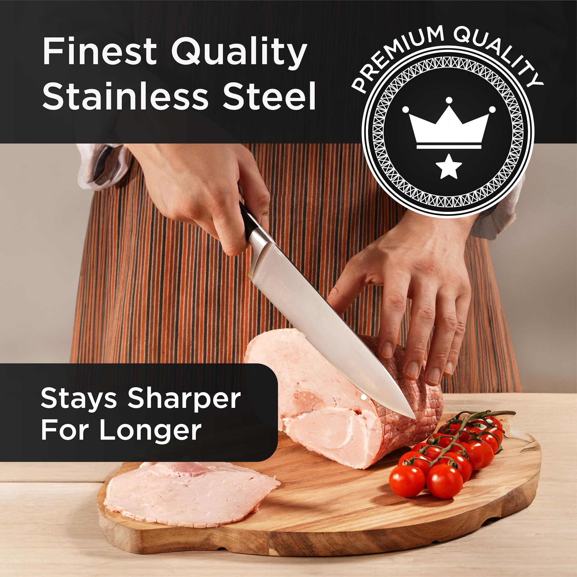 Wrenbury Professional 3-Piece German Stainless Steel Kitchen Knife Set - Ultra Sharp Sabatier Chef, Utility & Paring Knives with Sharpener - Full Tang Design for Precise Cutting - Perfect for Home Cooking, Meal Prep & Professional Kitchens