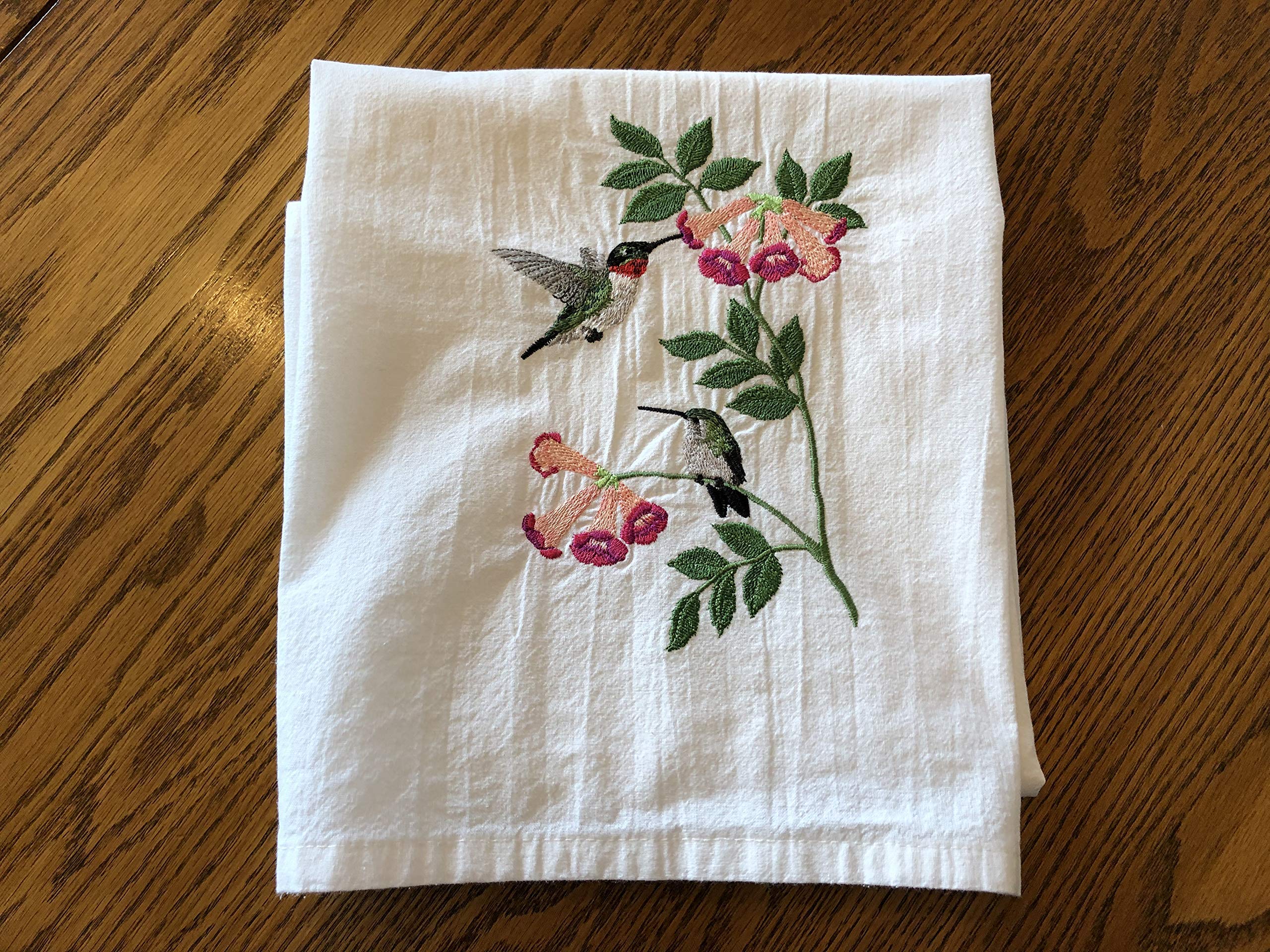 Hummingbird Embroidered Flour Sack Dish Towels - Set of 2 Cotton Kitchen Tea Towels with Machine Embroidery for Drying Dishes, Decor & Gift Giving