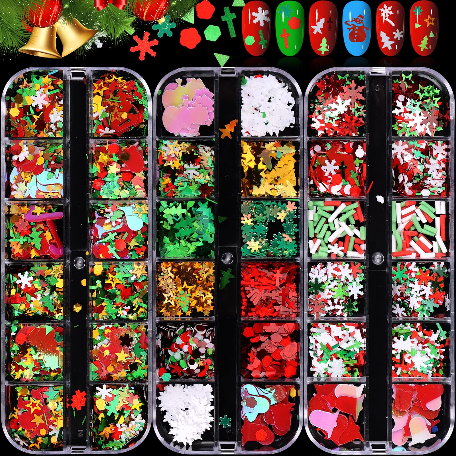 36 Pcs Christmas Nail Art Sequins - Holographic Snowflakes, Xmas Tree & Snowman Glitter for DIY Nail Designs, Face & Body Makeup | Holiday Party Decorations, Gift Wrapping & Christmas Craft Projects
