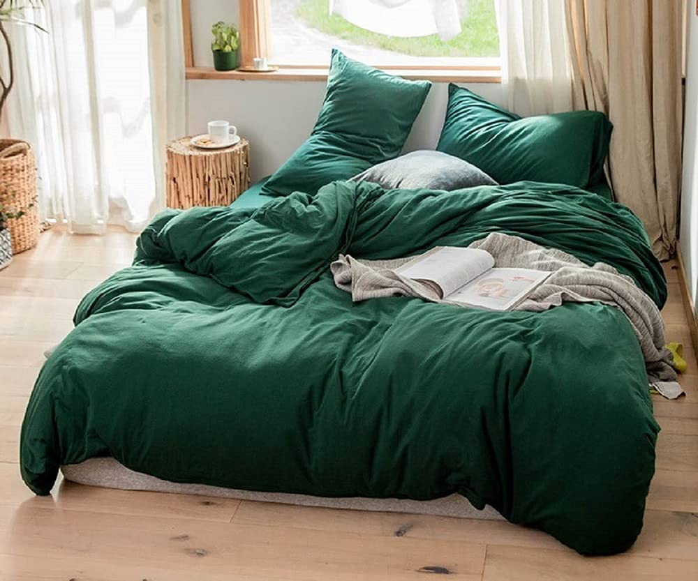 3 Piece Emerald Green Bedding Set - 100% Cotton King/Queen/Twin/Full Duvet Cover Set with Pillowcases | Soft Luxury Bed Sheets for Master Bedroom & Guest Room | Breathable Comforter Cover for All Seasons
