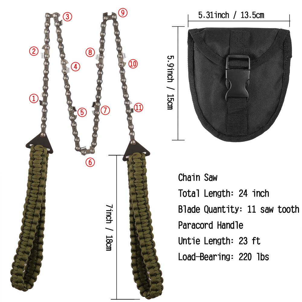 24-Inch Pocket Chainsaw with Paracord Handle - 11 Teeth Folding Hand Saw for Fast Wood & Tree Cutting - Best Survival Gear for Camping, Backpacking, Hiking & Hunting - Perfect for Outdoor Adventures and Emergency Preparedness