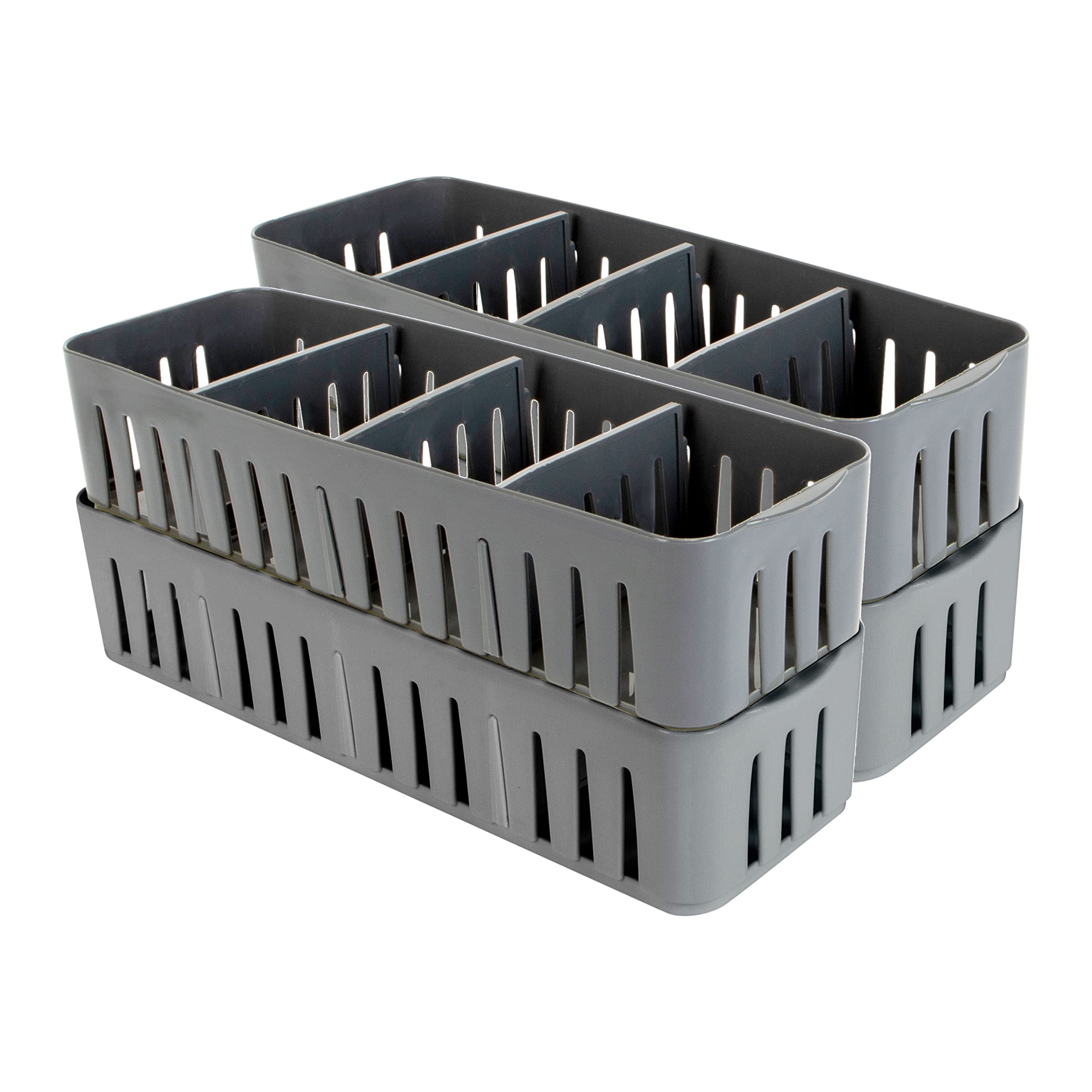 2-Pack Stackable Storage Bins with Adjustable Dividers - 4 Compartment Drawer Organizer for Office Supplies, Makeup Accessories & Bathroom Essentials | Perfect for Desk, Dorm & Home Organization (Grey)