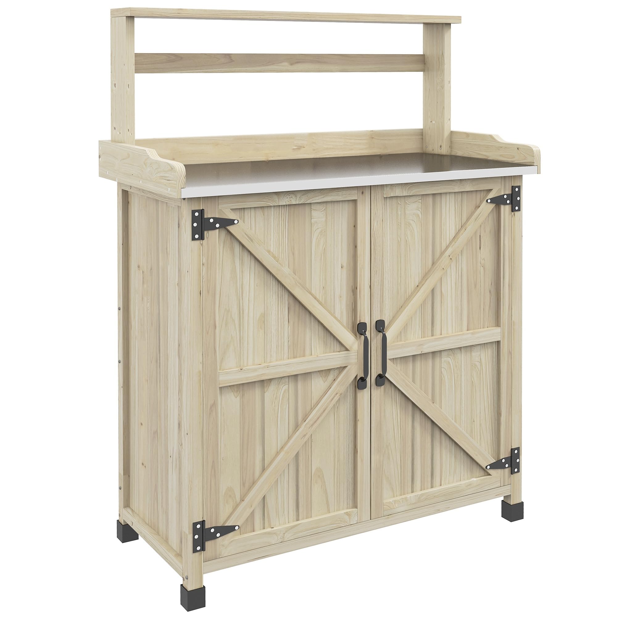 Outsunny Wooden Potting Bench with Storage Cabinet & 2 Shelves - Heavy Duty Galvanized Tabletop Garden Workstation for Planting, Gardening - Perfect for Backyard, Balcony & Outdoor Use