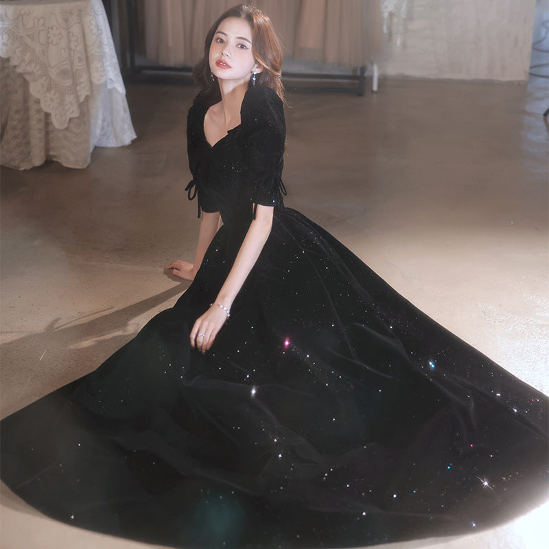 Elegant A-Line Velvet Long Prom Dress with Mid Sleeves - Black Formal Evening Gown for Homecoming, Wedding Guest, Cocktail Party & Special Occasions