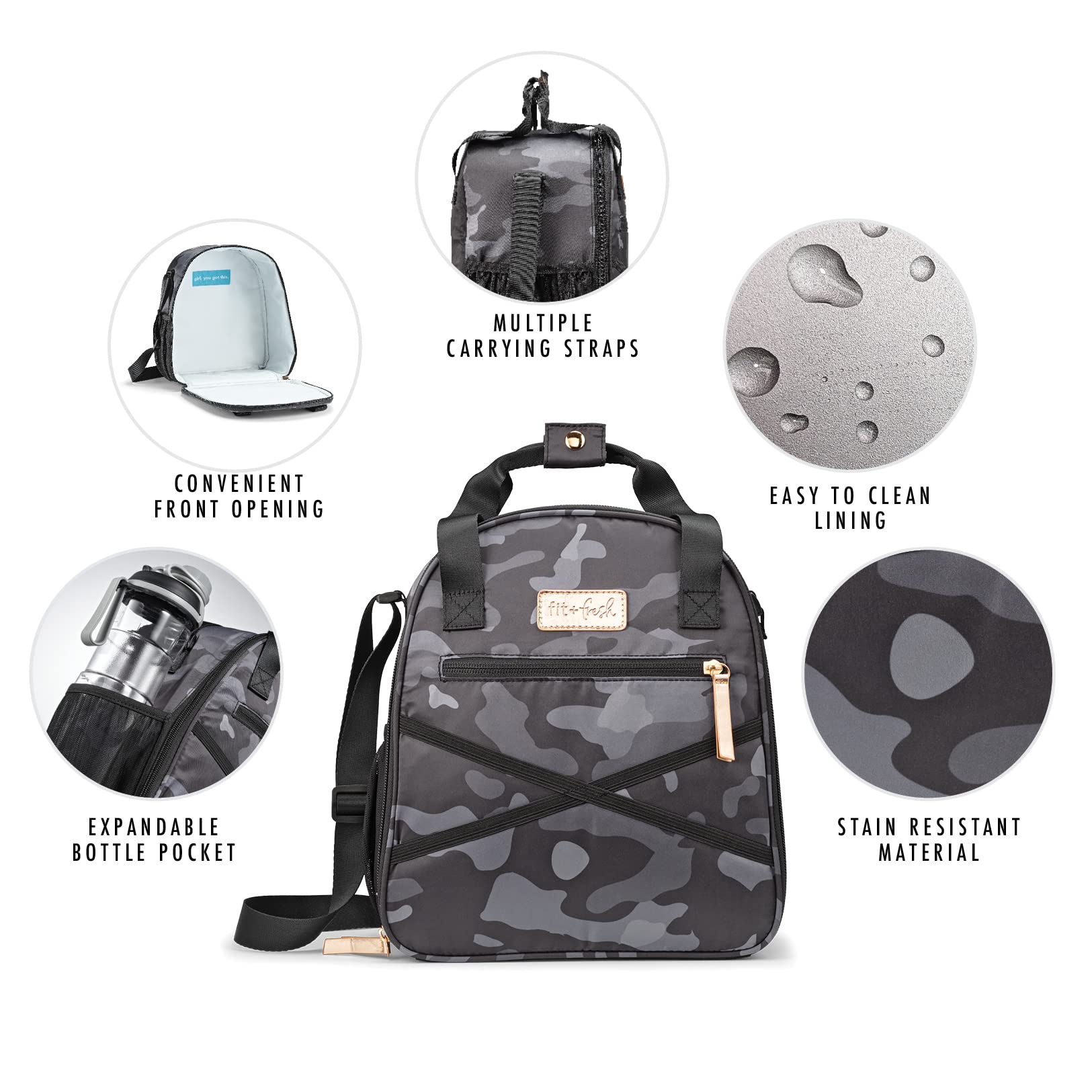 Fit & Fresh Kate Insulated Lunch Bag with Side Pouch & Carry Handles - Complete BPA-Free Lunch Kit Includes Matching 16oz Tumbler, 4 Leak-Proof Containers & Reusable Ice Pack (Black) - Perfect for Work, School, Picnics & Outdoor Activities