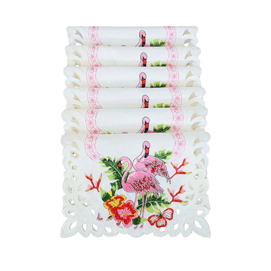 Simhomsen Embroidered Flamingo, Tropical Palm Leaves & Hibiscus Flower Table Placemats - 13x19 Inch Set of 6 - Perfect for Hawaiian Luau, Beach Party, Baby Shower & Tropical Home Decor
