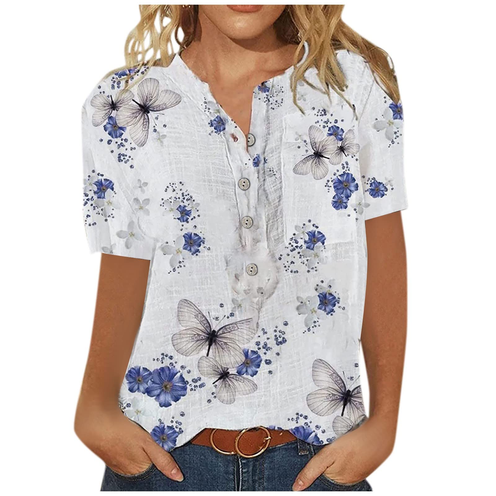 Women's Floral Print V-Neck Short Sleeve T-Shirt - Summer Casual Blouse for Outfits, Dating & Vacation