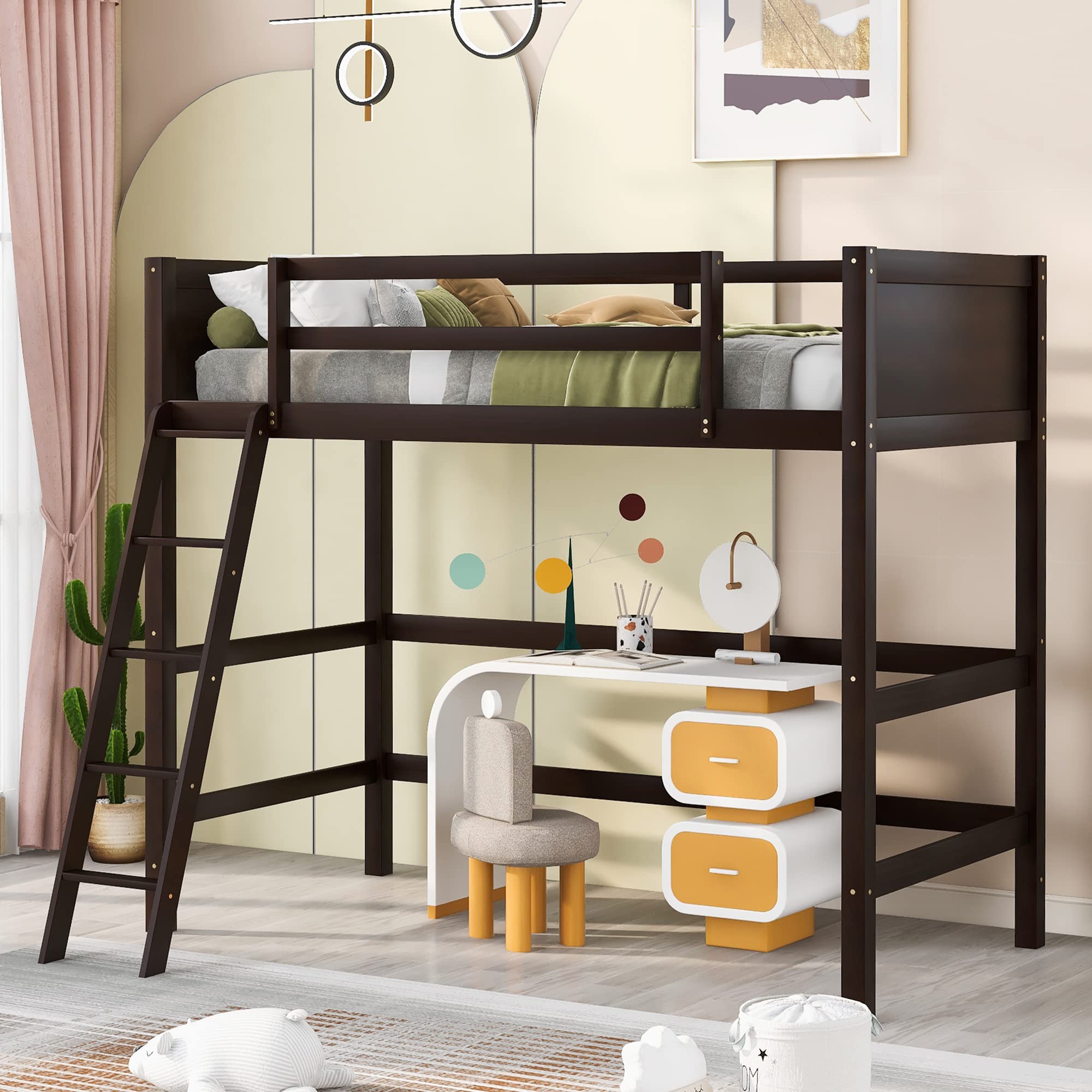 P PURLOVE Twin Loft Bed Frame with Angled Ladder - Solid Wood Loft Bed for Kids & Teens (Espresso Finish) - Space-Saving Bedroom Solution for Small Rooms & Dormitories