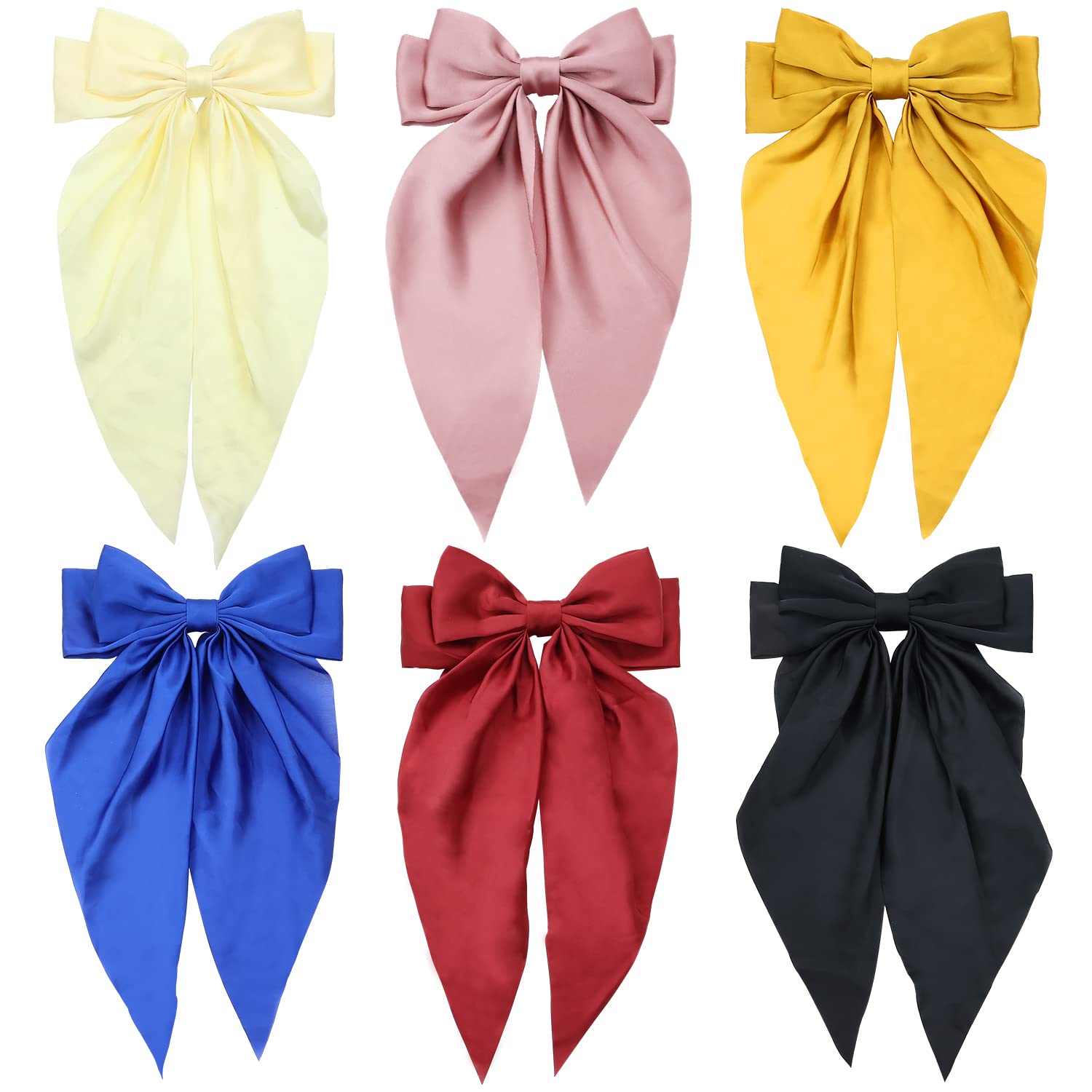6 Pack Oversized Satin Hair Bows for Women - Large Bow Hair Clips with Long Silky Ribbon Tails - Elegant French Barrette Ponytail Holder for Parties, Weddings & Daily Hair Accessories