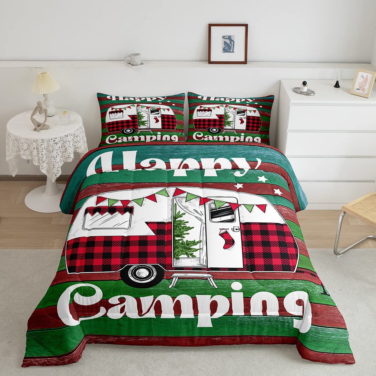Happy Camping Bedding Set for Kids - Soft Camper Comforter Full Size, RV & Wooden Duvet Set for Boys & Girls - Perfect for Christmas Decor, Camping Trips & Cozy Bedrooms