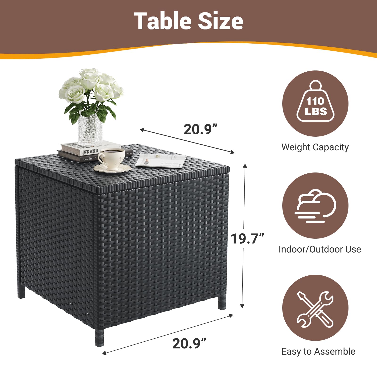 2-Piece Black Outdoor Wicker Side Table Set with Storage - Square Resin Rattan End Tables for Patio, Poolside & Backyard - Perfect for Storing Furniture Covers, Gardening Tools & Pool Toys (Weather-Resistant)
