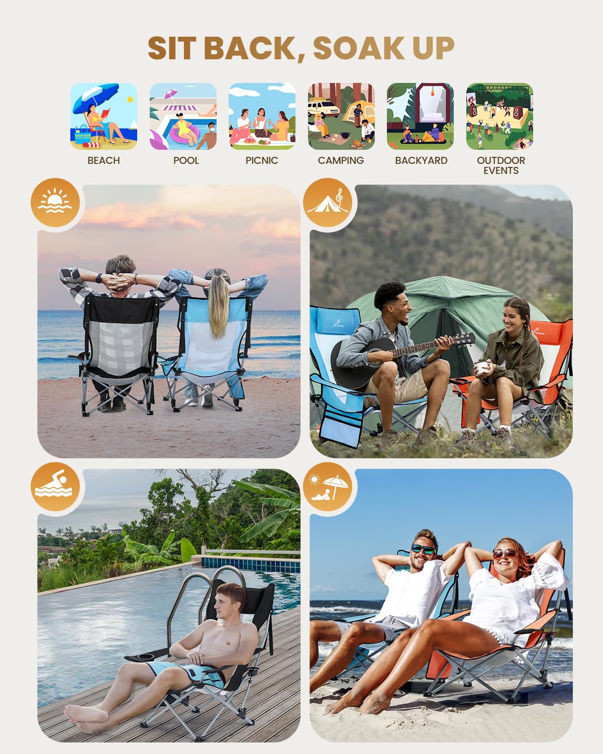 Sportneer 2 Pack Adjustable Folding Beach Chairs with Cup Holder & Side Pocket - Portable Reclining Camping Chairs for Adults, Compact Outdoor Chairs for Beach, Picnic, Backyard & Travel (Blue)
