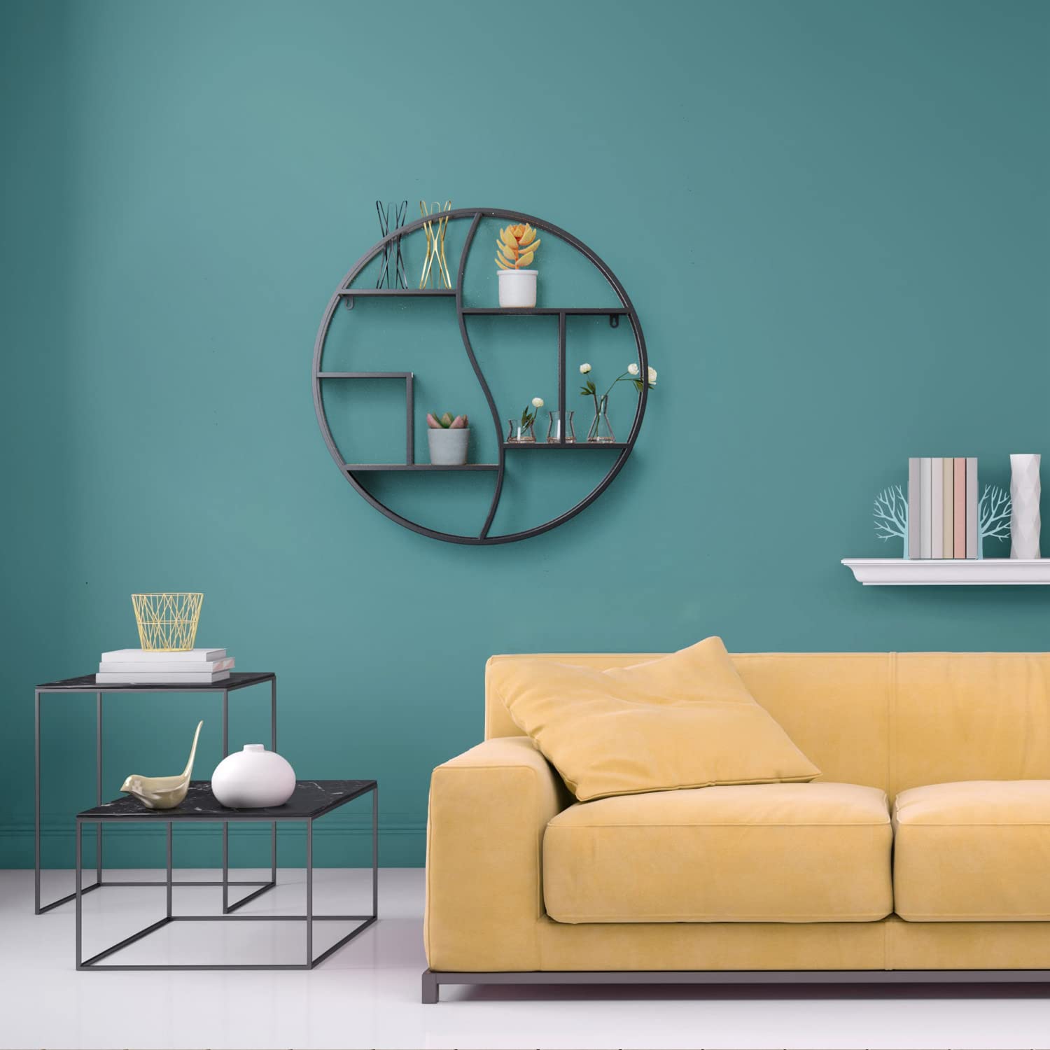 **24 Inch Black Round Wall Shelf - Metal & Wood Circular Floating Shelves for Wall Decor, Fireplace, Living Room & Bathroom - Stylish Display Organizer for Home & Office**