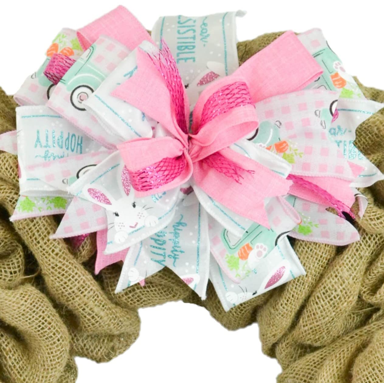 Easter Bunny Plaid Pink Turquoise Truck Lantern Wreath Bow - Handmade Farmhouse Burlap Wreath Decor for DIY Crafts - Set of 10 Pastel Easter Wreath Embellishments (Perfect for Spring Home Decor, Easter Party, Front Door Wreath Making & Farmhouse Style Gift)