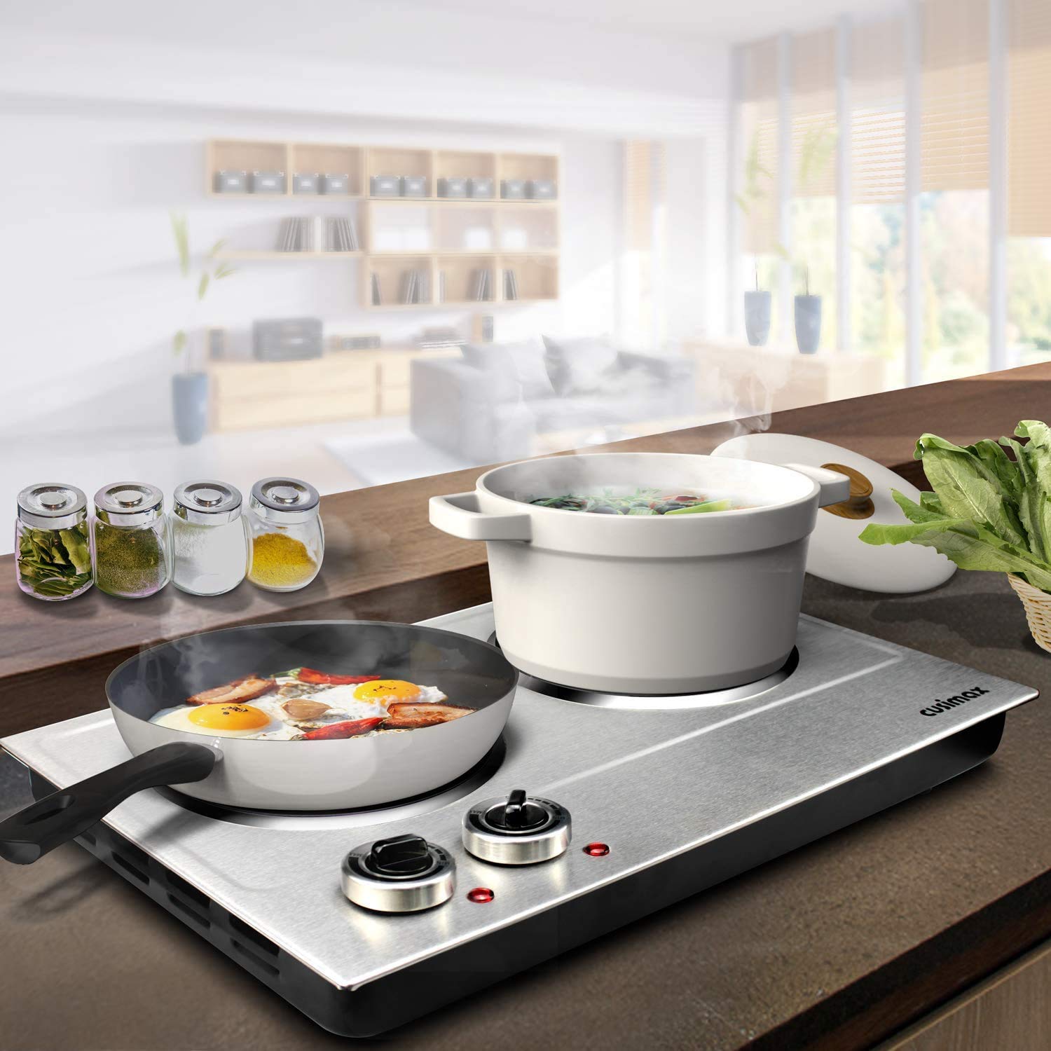 CUSIMAX 1800W Dual Control Infrared Ceramic Electric Hot Plate - Portable Countertop Burner with Glass Plate, Stainless Steel (Upgraded Version) - Perfect for Dorm Rooms, Camping & Small Kitchen Cooking