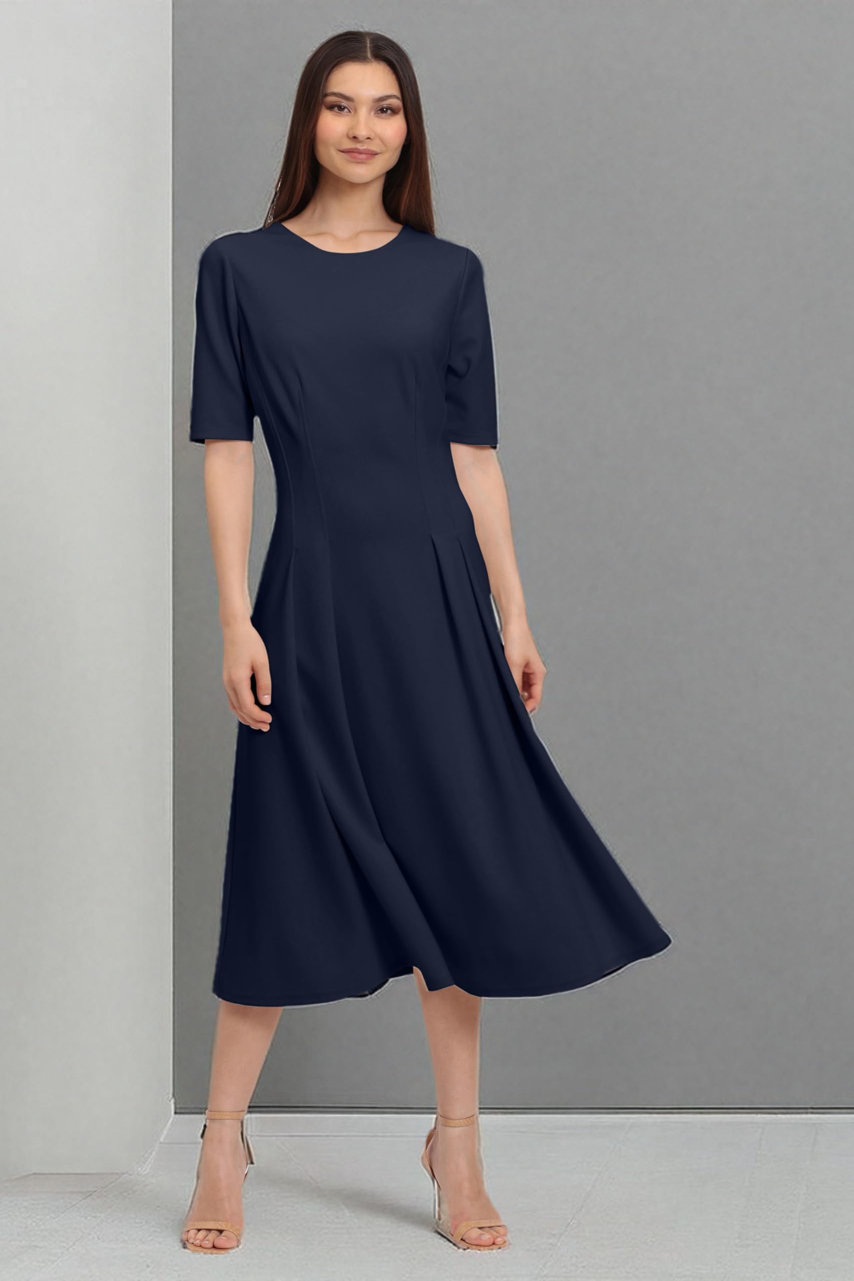 Maggy London Women's Short Sleeve Double Pleat Midi Dress - Elegant Flowy A-Line Summer Dress for Work, Wedding & Special Occasions