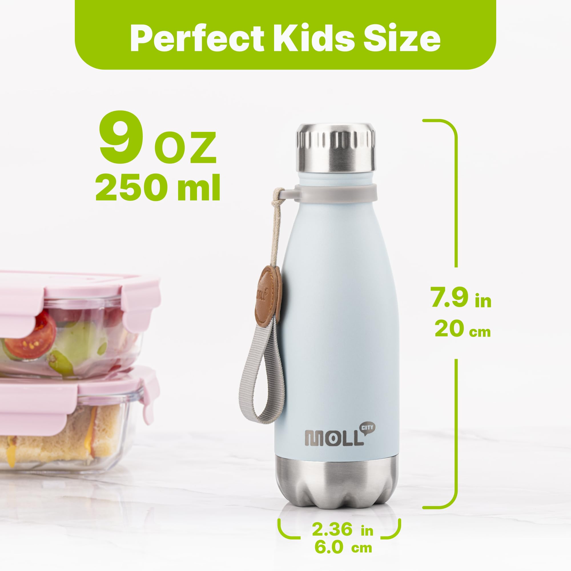 Kids Stainless Steel Water Bottle 9oz - Leak Proof Vacuum Insulated for School, Travel & Sports (Baby Blue)