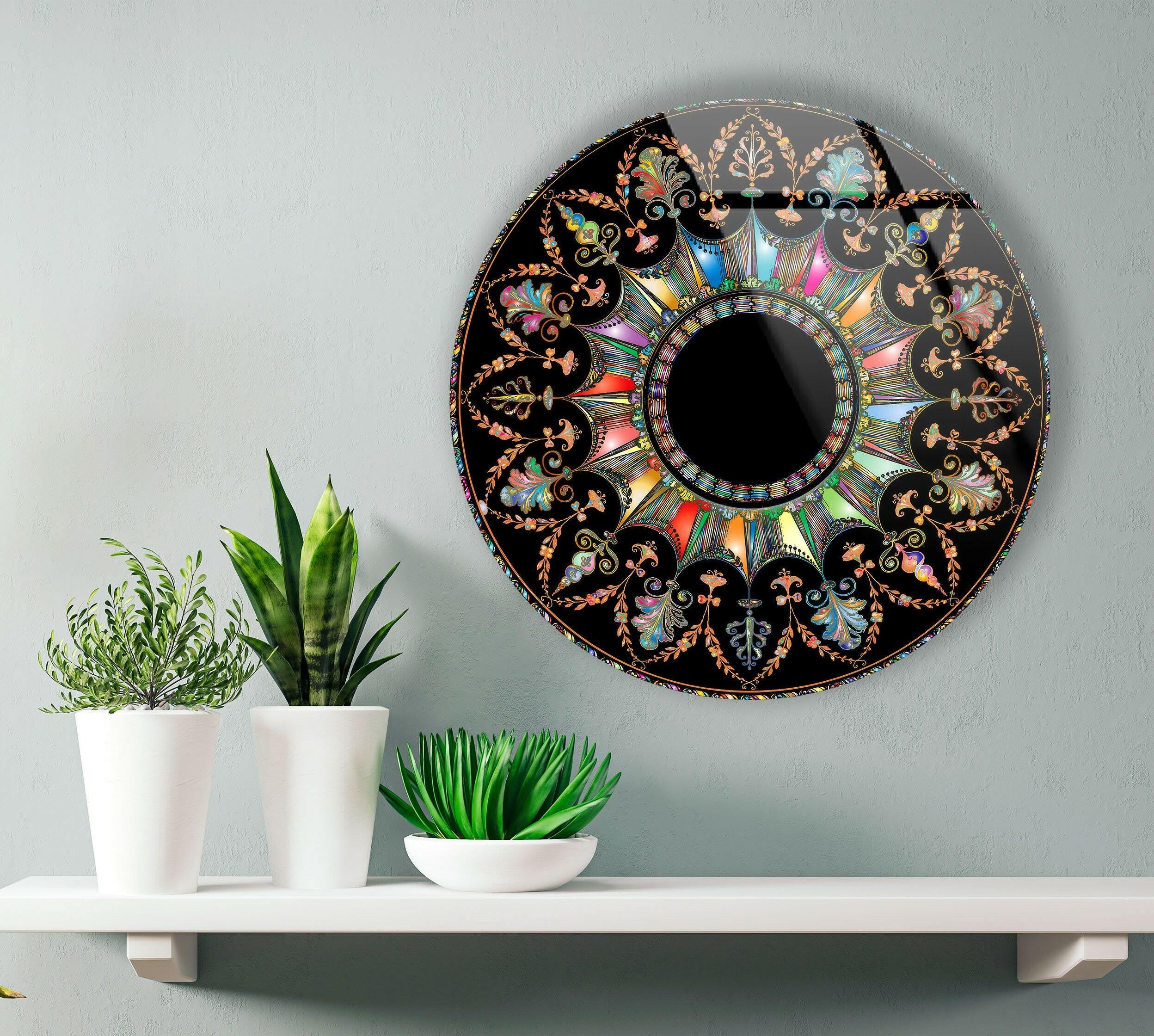 Black Mandala Round Glass Wall Art - Handmade Bohemian Decor for Living Room, Bedroom & Meditation Space