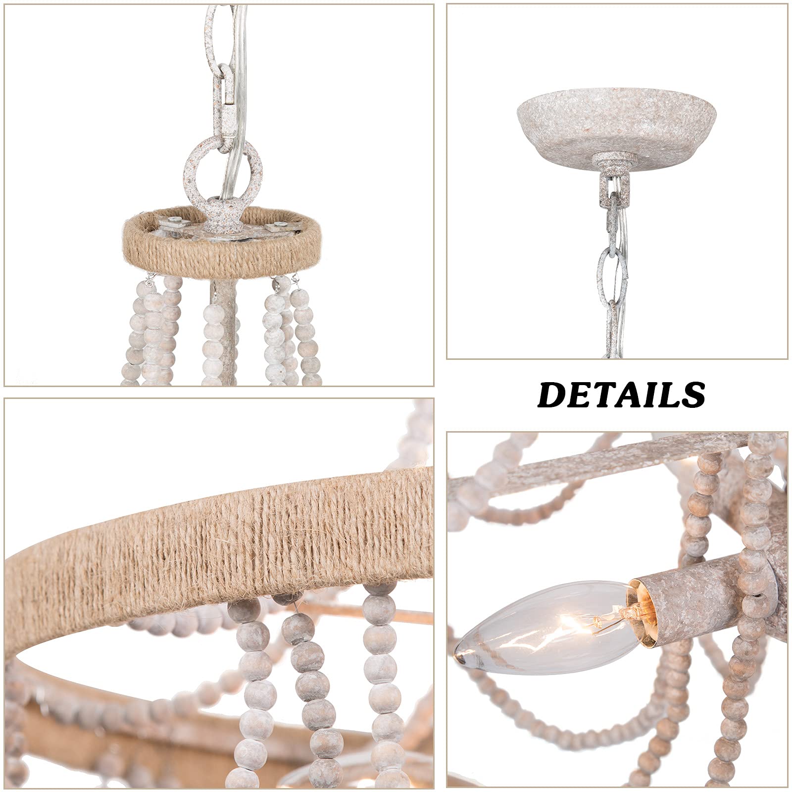 Rustic Farmhouse Wood Beaded Chandelier - 4-Light Boho Ceiling Pendant Light with Natural Hemp Ropes for Dining Room, Living Room & Bedroom Decor | Perfect for Boho, Farmhouse & Coastal Style Homes