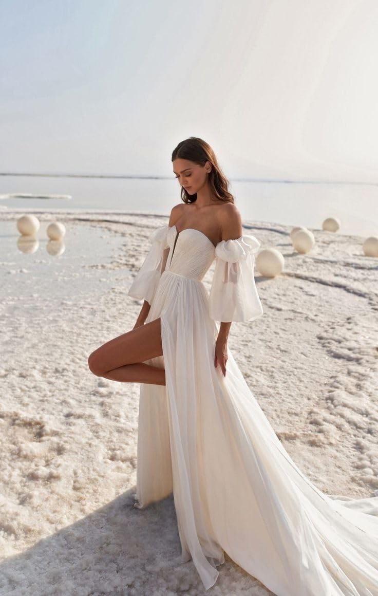 Elegant Off Shoulder Wedding Dresses with Puffy Sleeves & Train - Romantic Bridal Gowns for Women - Perfect for Beach, Church & Outdoor Ceremonies