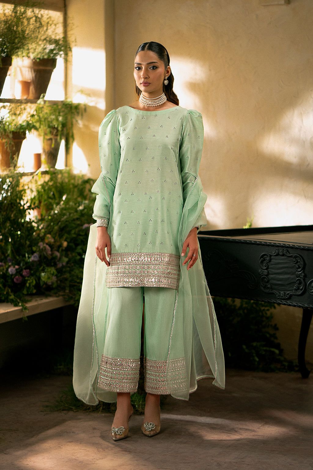 Cherry Silk & Organza Light Green Embroidered Formal Dress - Meraki Collection by Vanya | Perfect for Weddings, Prom & Evening Gala Events