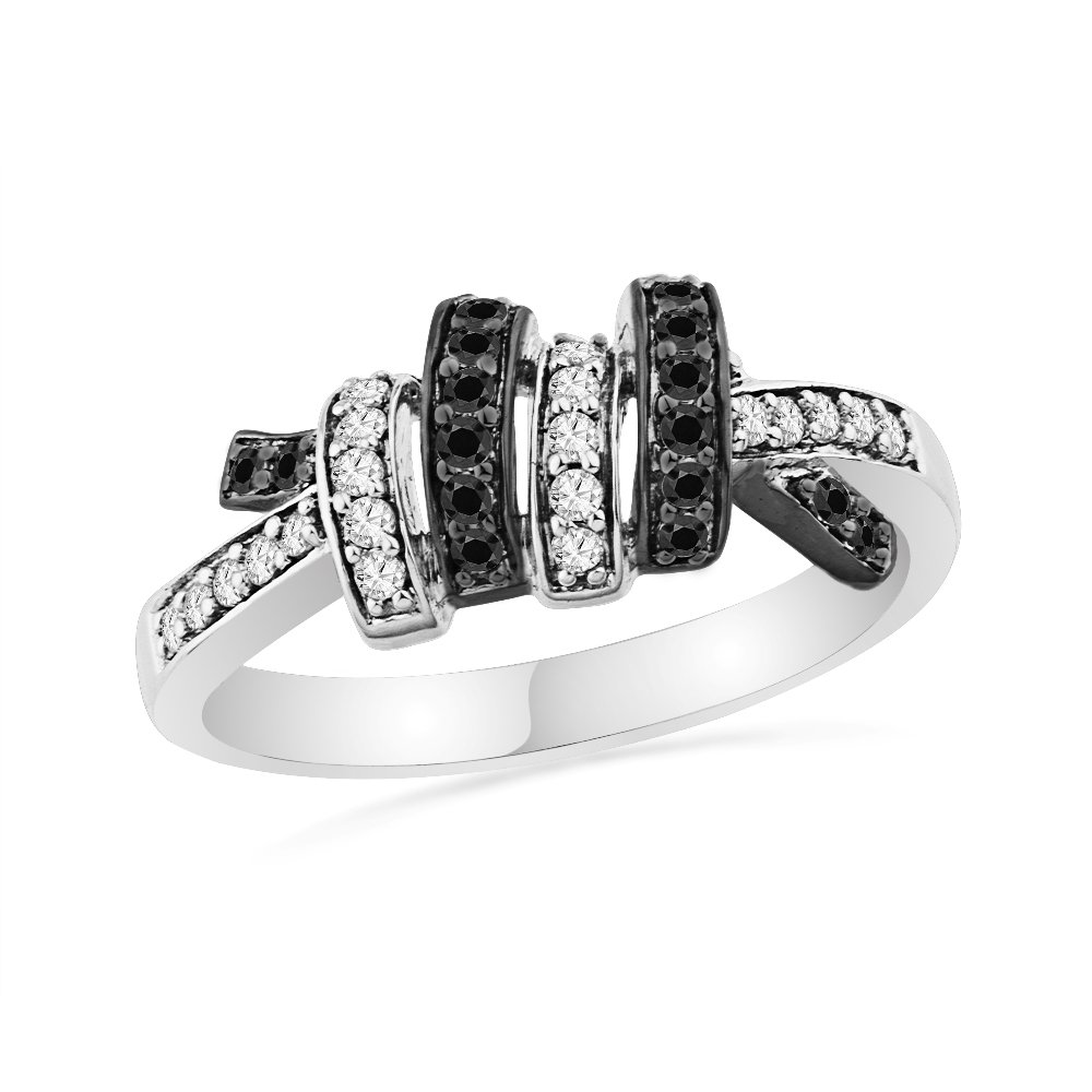 10KT White Gold Black and White Round Diamond Twisted Fashion Ring (1/5 cttw) - Elegant Jewelry for Weddings, Anniversaries & Special Occasions