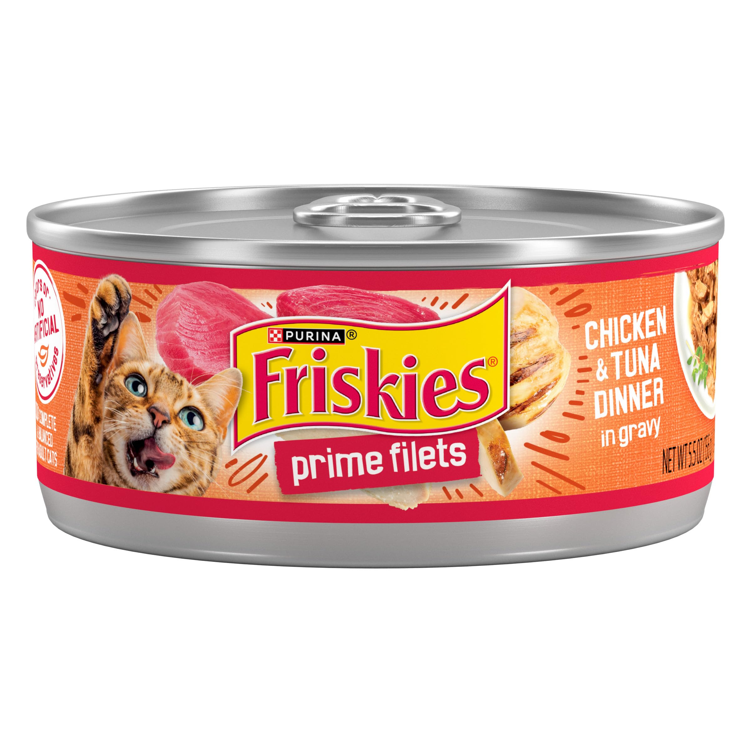 Purina Friskies Prime Filets Chicken and Tuna Dinner in Wet Cat Food Gravy - Pack of 24 (5.5 oz Cans) - High Protein Wet Cat Food for Adult Cats, Perfect for Mealtime & Picky Eaters