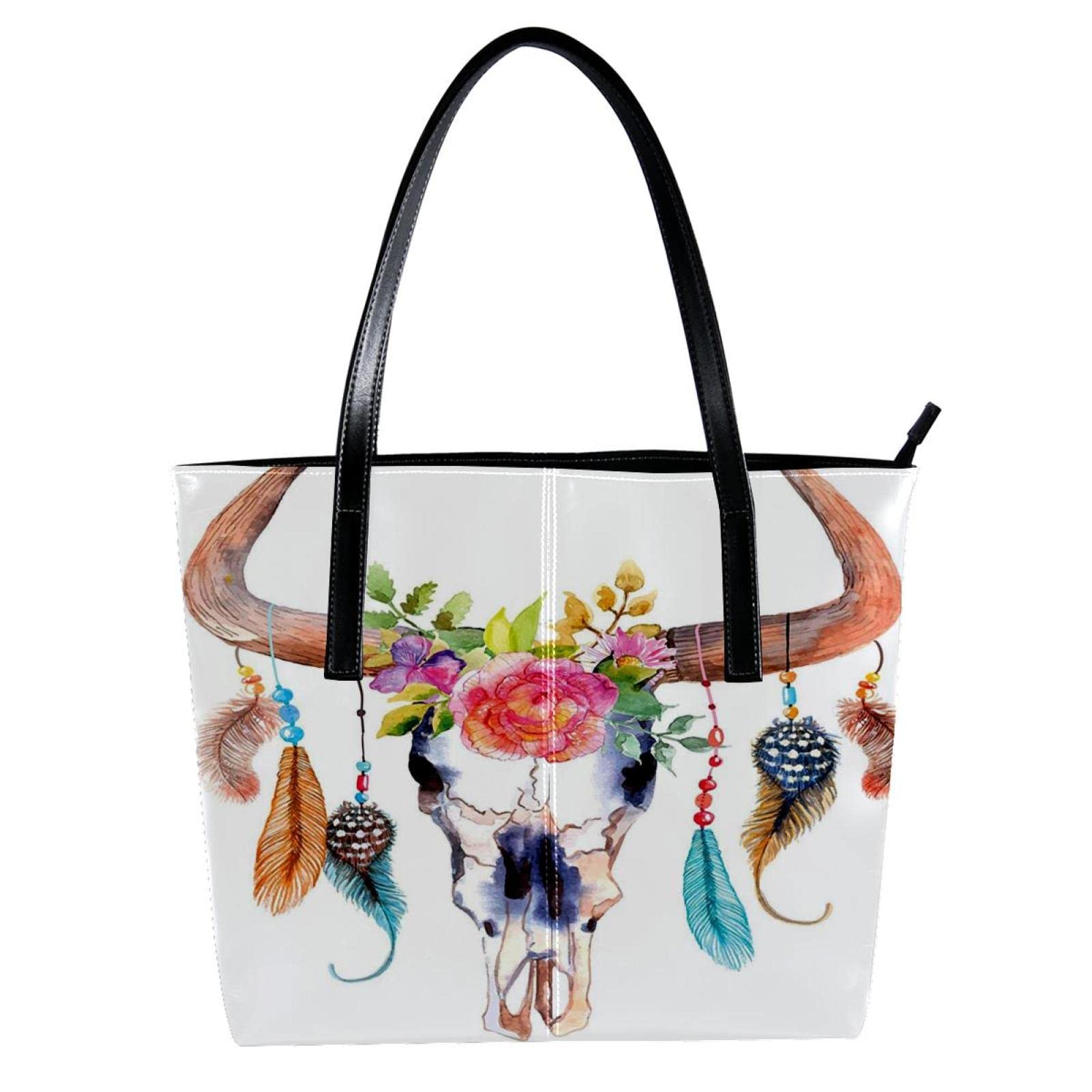 Stylish Women's Tote Bag - Fashionable Beach Bag, Laptop Shoulder Purse with Zipper - Bohemian Cow Dream Catcher Feather Design | Perfect for Work, Travel & Summer Outings