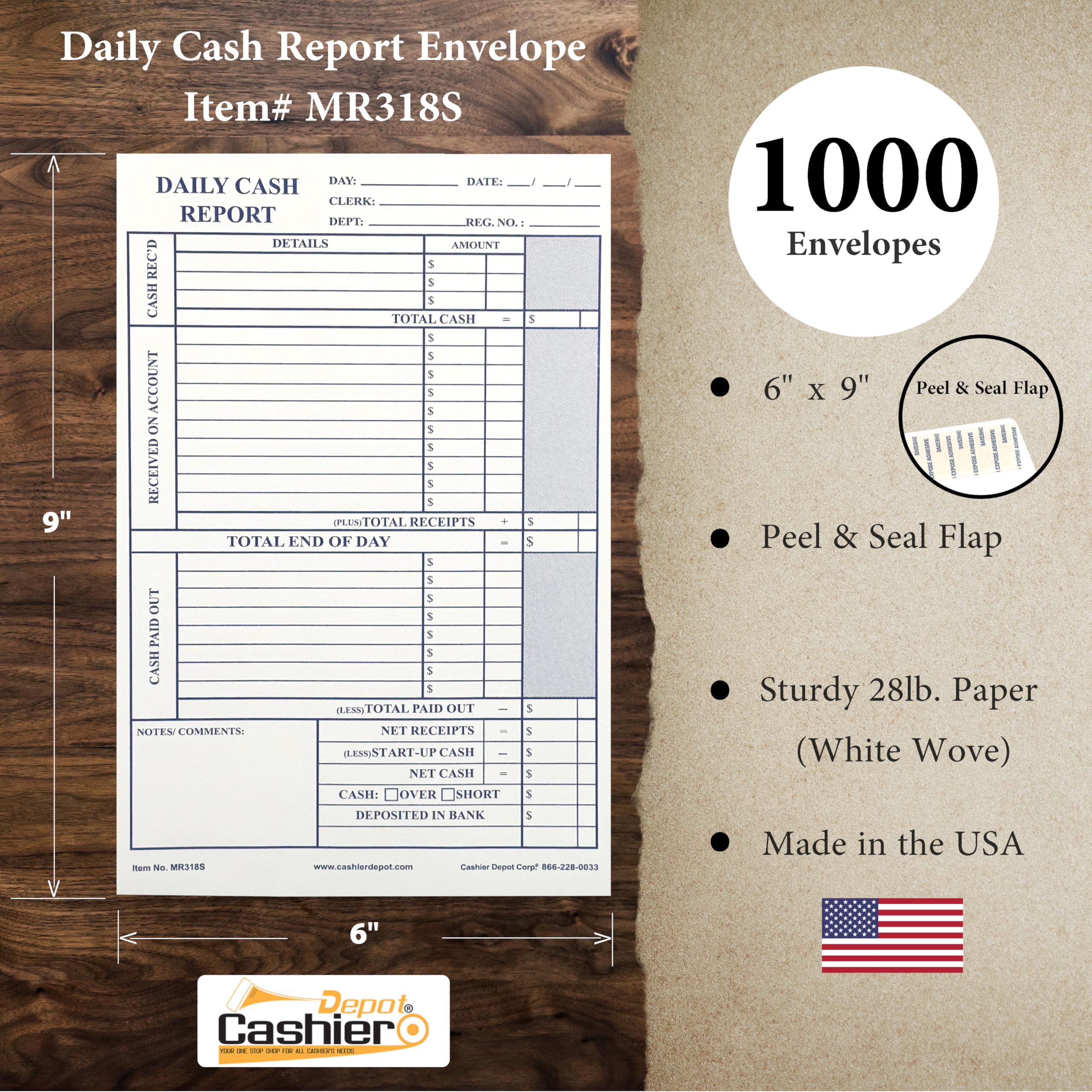 1000 Premium Cashier Depot MR318S Daily Cash Report Envelopes - 6