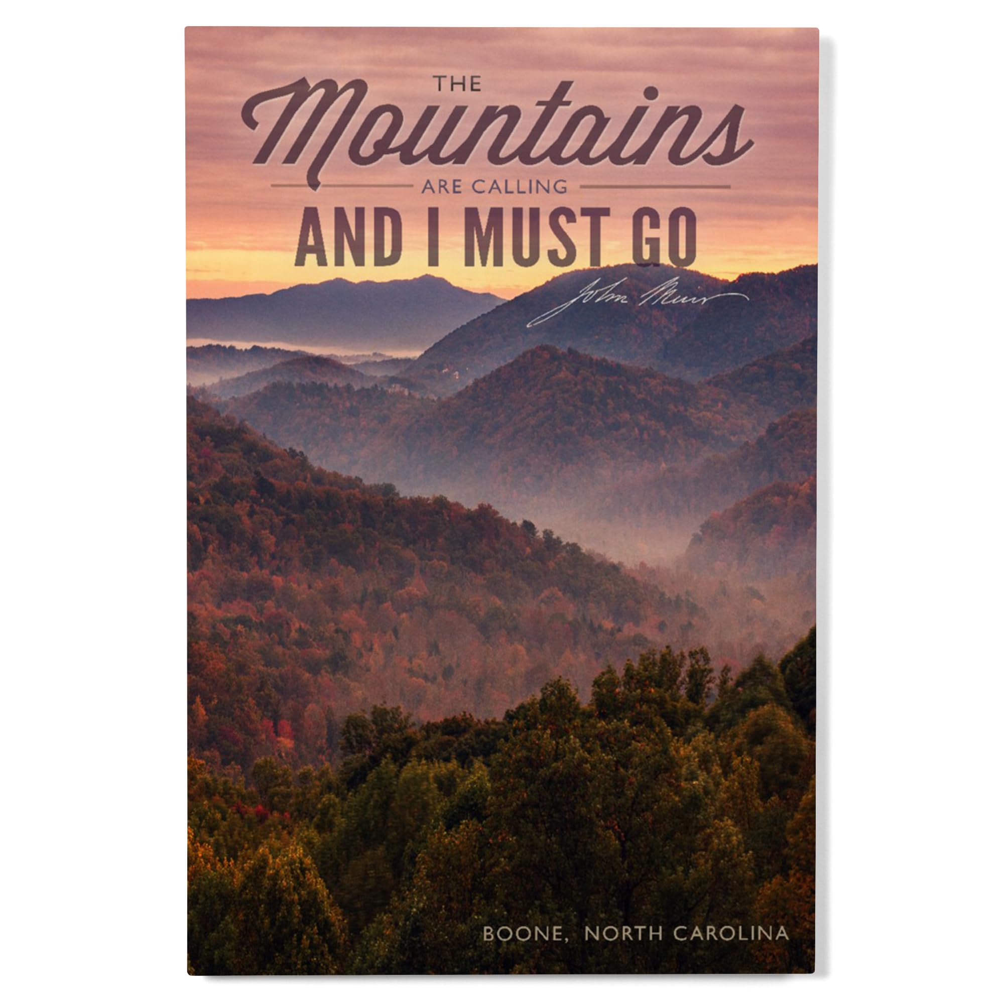 Lantern Press 12x18 Inch Premium Wood Wall Sign - Ready to Hang Home Decor with John Muir Quote 'The Mountains Are Calling' - Boone North Carolina Sunset Art - Perfect for Cabin, Living Room, or Office Wall Decor