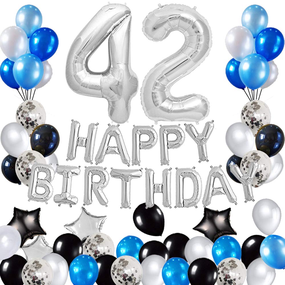42nd Birthday Party Decorations Set - Foil Happy Birthday Banner, Number 42 & Star Balloons, 43pcs Blue & Silver Latex Balloons | Perfect for Adult Birthday Celebrations, Milestone Parties & Anniversary Decor