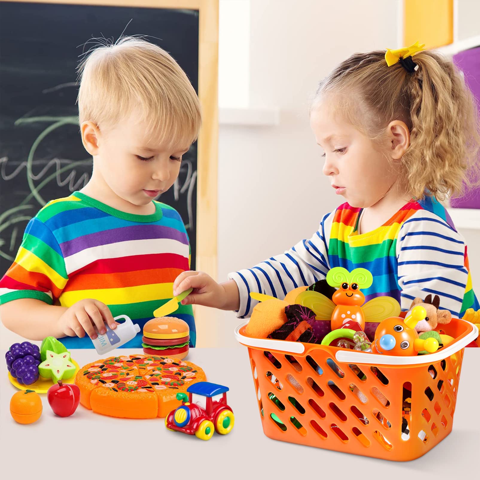 TOYANDONA 2-Piece Pretend Play Shopping Basket Set for Kids - Mini Grocery Cart with Handle for Role Play, Learning & Imagination - Perfect for Preschool Playtime, Birthday Gifts & Toddler Educational Toys