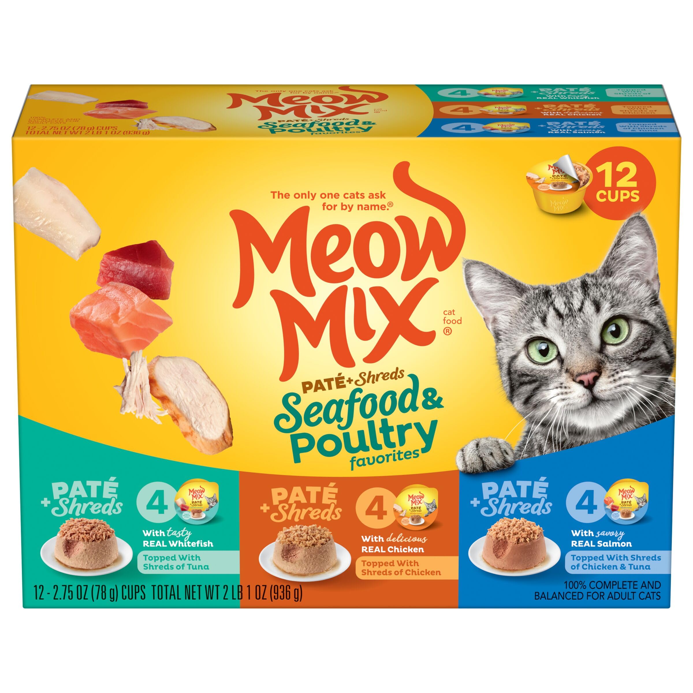 Meow Mix Paté & Shreds Wet Cat Food Variety Pack - 12 Seafood & Poultry Flavored 2.75oz Cups | Grain-Free Wet Cat Food for Adult Cats | Perfect for Picky Eaters, Travel & Mealtime Variety